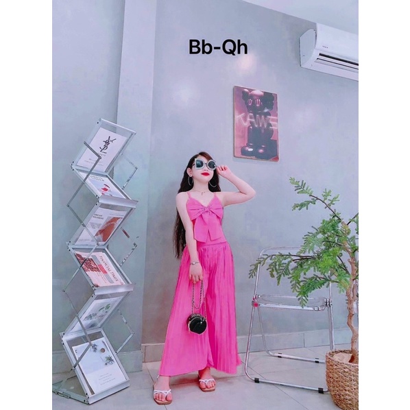 Bộ áo nơ ngực quần dập ly bé gái