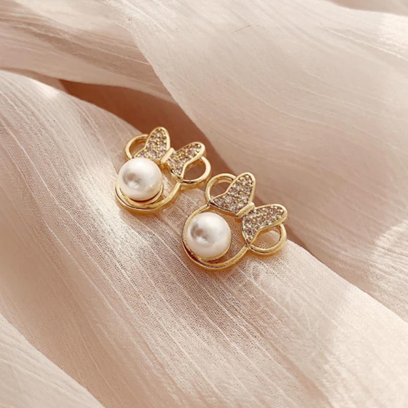 Hoa tai mạ bạc 925 hình chuột Mickey dễ thương đính ngọc trai nhân tạo phong cách Hàn Quốc