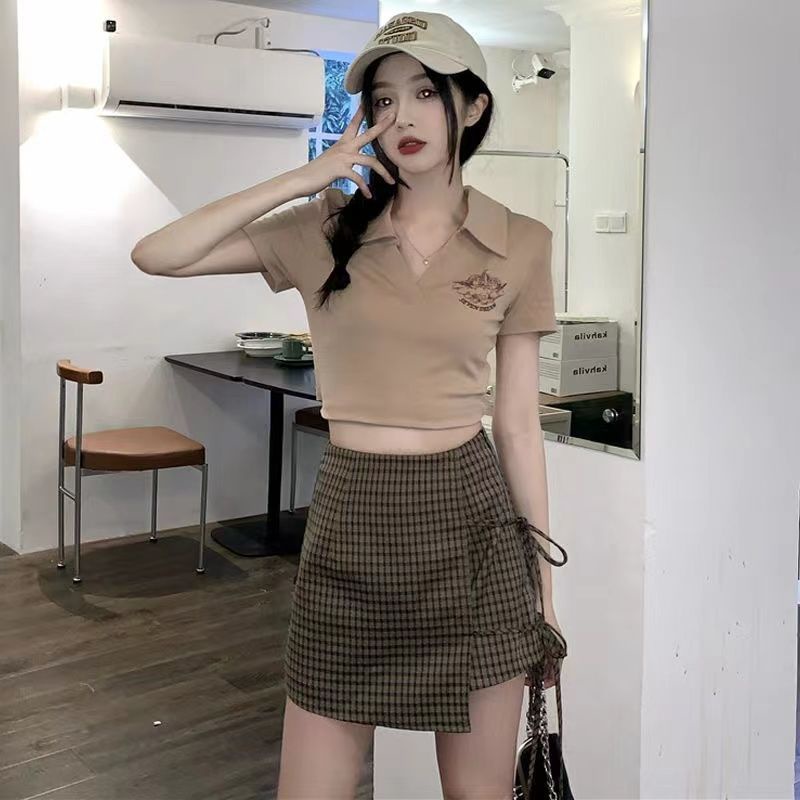 AMOI Bộ Áo Polo Ngắn Tay + Chân Váy Ca Rô Xinh Xắn Theo Phong Cách 2022 Dành Cho Nữ