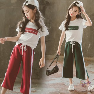 Set Áo Thun Ngắn Tay In Chữ+Quần Dài Ống Rộng Cho Bé Gái