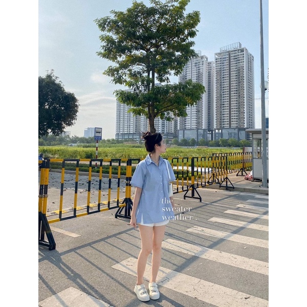Áo sơ mi nữ ngắn tay có cổ phối cúc sườn xẻ vạt - The Sweater Weather | BigBuy360 - bigbuy360.vn