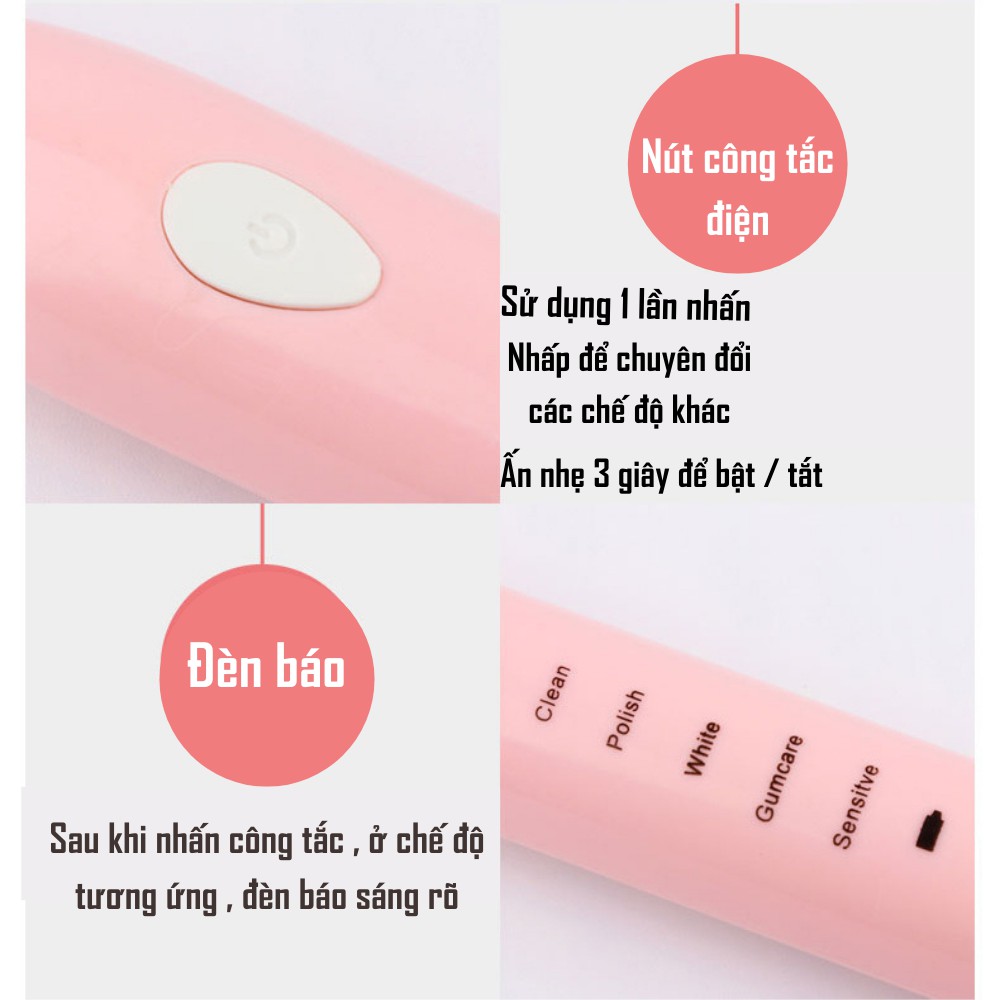 Bàn chải điện tự động đánh răng 5 chế độ cao cấp chống nước siêu thông minh TIME HOME