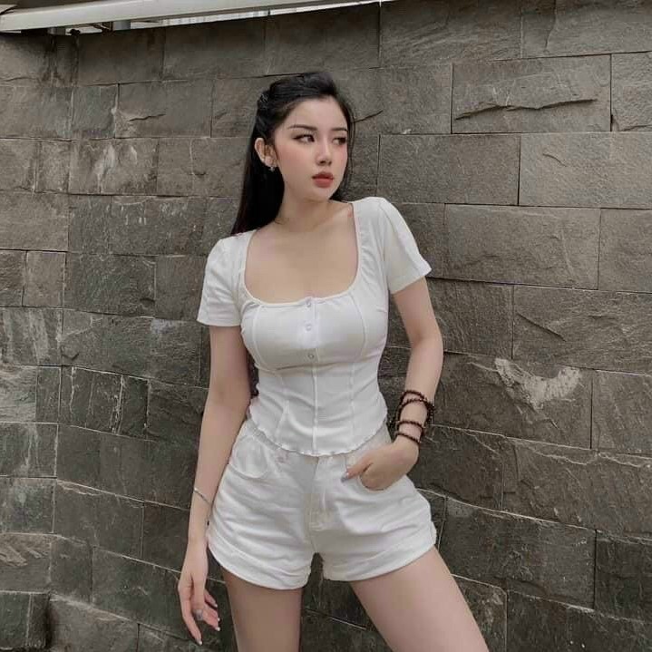 Áo kiểu thun tăm cúc ngực dáng ôm, Áo thun kiểu tôn dáng cài cúc co giãn XX0123 - NhiNhi Shop