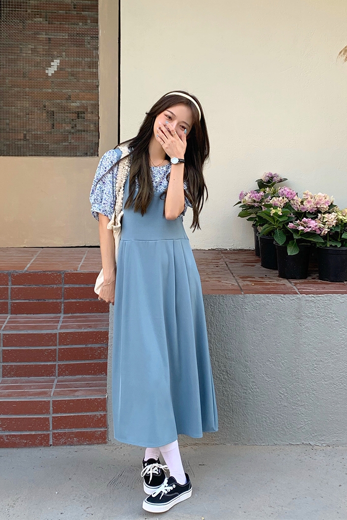 Set Áo Sơ Mi Hoa + Đầm Yếm Màu Sắc Đơn Giản Phong Cách Hàn Quốc Cho Bé Gái