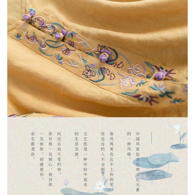 Áo Sơ Mi Cotton Lanh Dáng Rộng Phối Nút Thêu Hình Đĩa Tròn Phong Cách Cổ Điển Cho Nữ