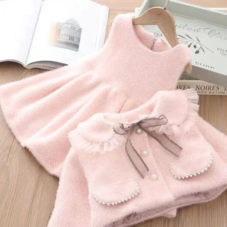 Đầm Hai Mảnh Áo Khoác Phong Cách Chanel Phương Tây Bằng Vải Nhung Dày Cho Bé Gái