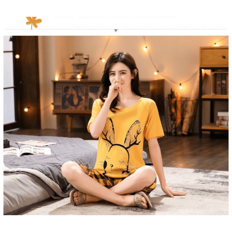 bộ thun mặc nhà big size lửng màu vàng phối caro hình thỏ size 70-85kg