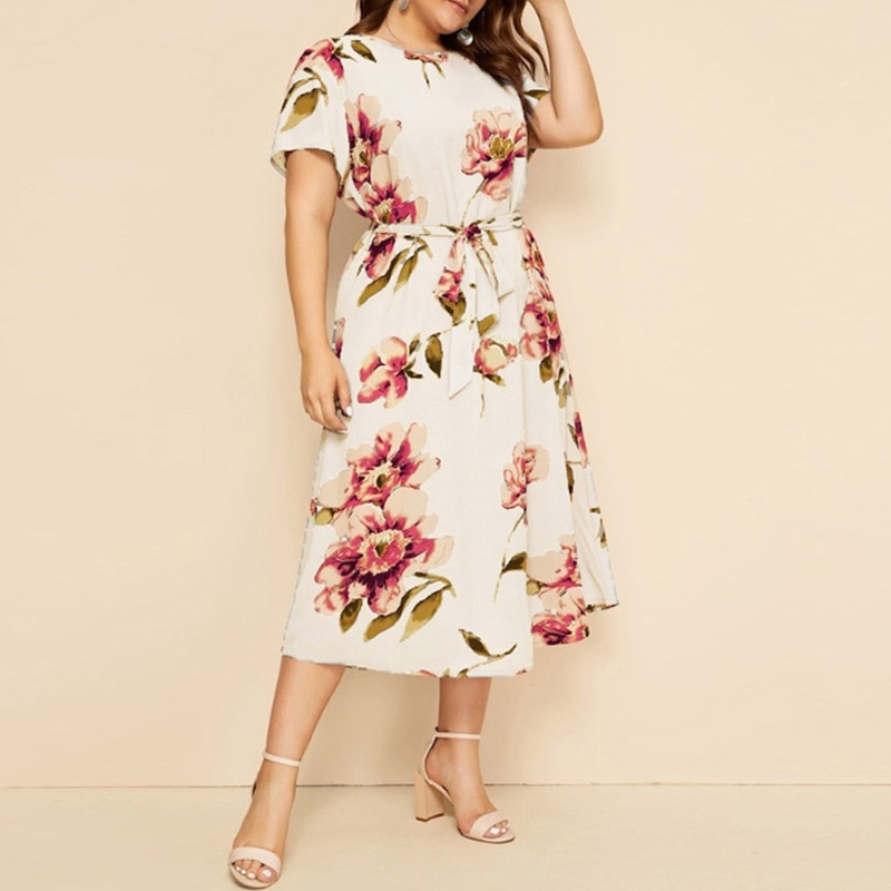 Đầm Midi Chiffon Tay Ngắn Cổ Tròn Plus Size In Họa Tiết Hoa Phong Cách Boho Kèm Thắt Lưng Cho Nữ