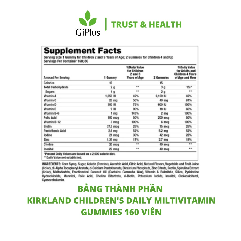 Kẹo Dẻo Bổ Sung Vitamin Hàng Ngày Cho Bé Kirkland Children’s Daily Multivitamin Gummies (160 Viên/Lọ)