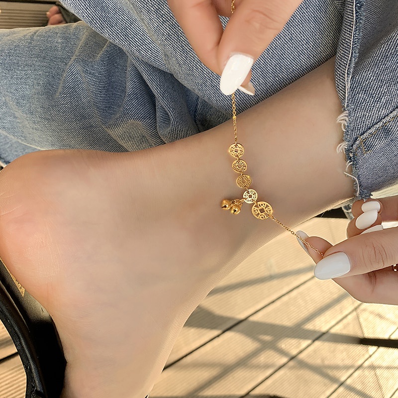 Lắc chân hình đồng xu bằng thép titan phong cách Hàn Quốc thời trang cho nữ