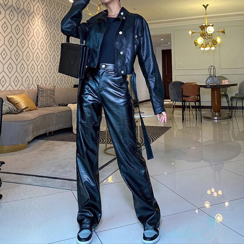 Quần da ống rộng lưng cao phối túi thời trang xuân thu dành cho nữ | BigBuy360 - bigbuy360.vn