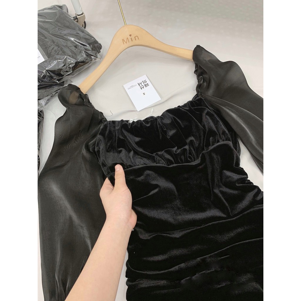 (Sẵn) Đầm nhung cổ vuông body - Váy cách tân tay voan ( có ảnh thật ) | BigBuy360 - bigbuy360.vn
