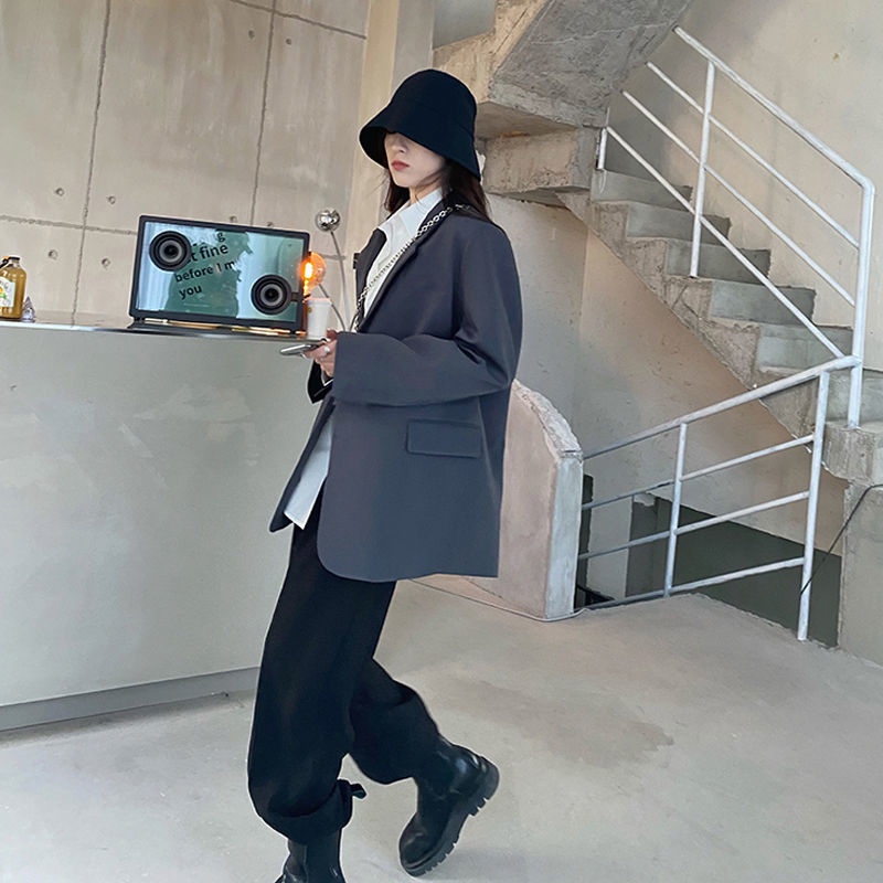 Áo Khoác Vest Một Hàng Nút Dáng Rộng Cỡ Lớn Màu Xám Phong Cách Hàn Quốc Thời Trang Xuân Thu Cho Nữ oversize blazer