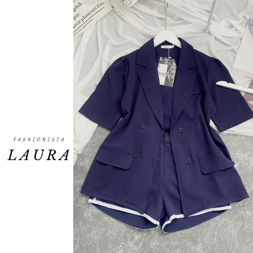 Set áo blazer nữ kèm quần short nữ xanh than Laura Boutique - Set áo vest nữ kèm quần sooc nữ năng động