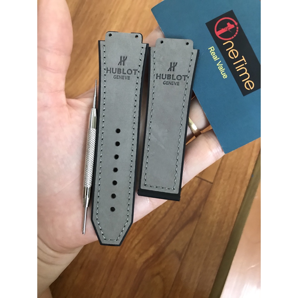 Dây đồng hồ Hublot Nam lót da lộn xám lông chuột case 42, size 19-25-22 (tặng tovit thay dây)