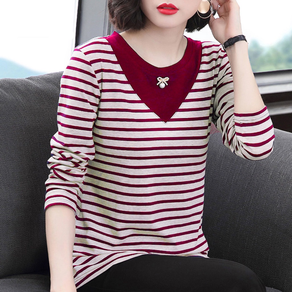 Áo Thun Tay Dài Dáng Rộng Kẻ Sọc Ngang Trẻ Trung Hợp Thời Trang Cho Nữ