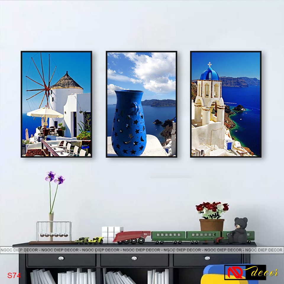Tranh Decor phòng khách Phong Cảnh Santorini Treo Tường decor Phòng ngủ hiện đại vintage đẹp nhà xinh nghệ thuật Ư58
