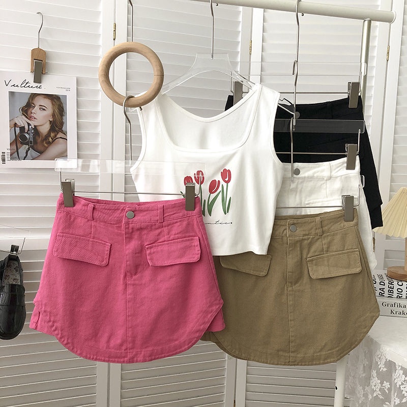 Jiashucheng Chân Váy Denim Kaki Lưng Cao Dáng Ngắn Chống Chói Dễ Phối Đồ