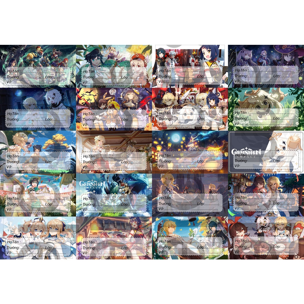 Set 20 nhãn vở IN HÌNH ngẫu nhiên One Piece Kimetsu Jujutsu game chibi phụ kiện học tập