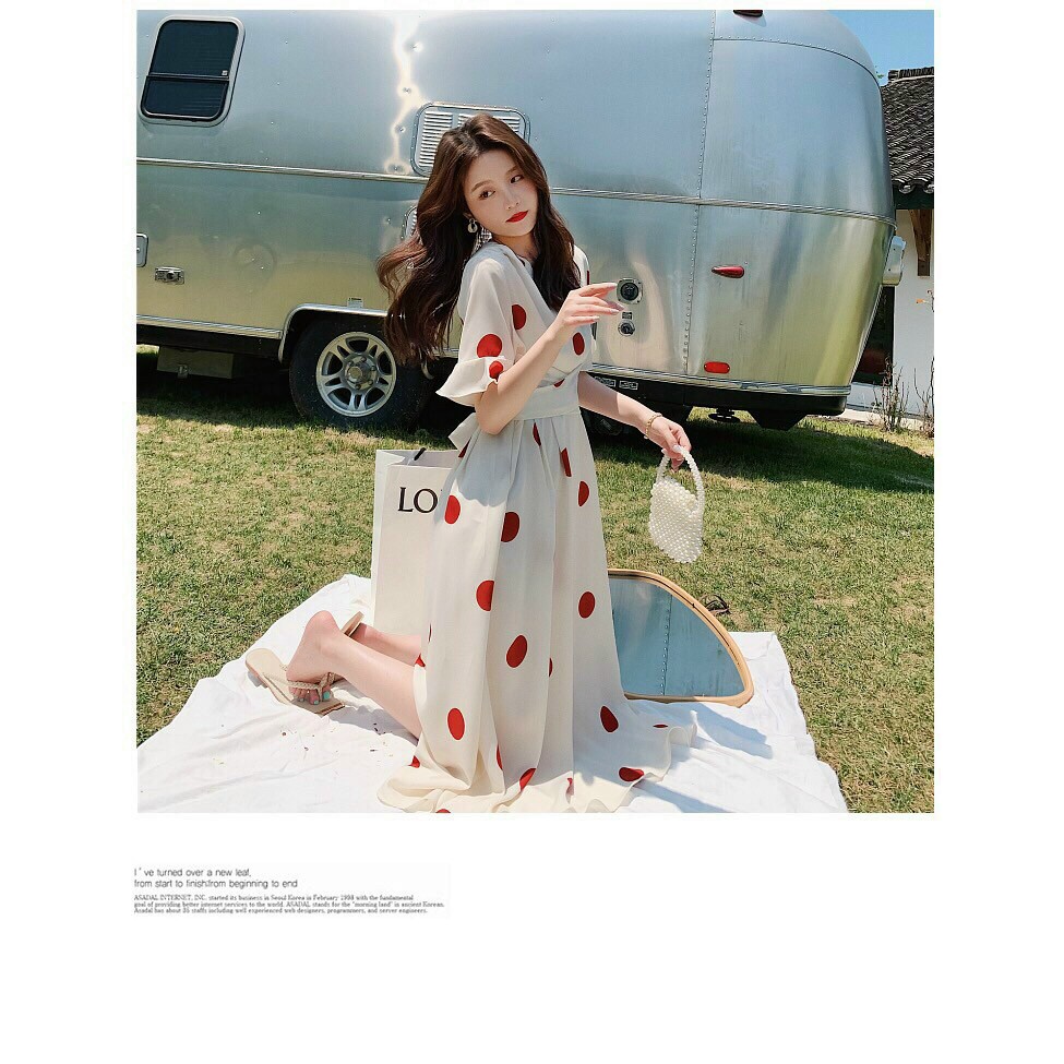 Váy ulzzang🌸FREESHIP🌸 Đầm ulzzang đầm maxi trắng họa tiết chấm bi có thắt eo dễ thương nữ tính | BigBuy360 - bigbuy360.vn