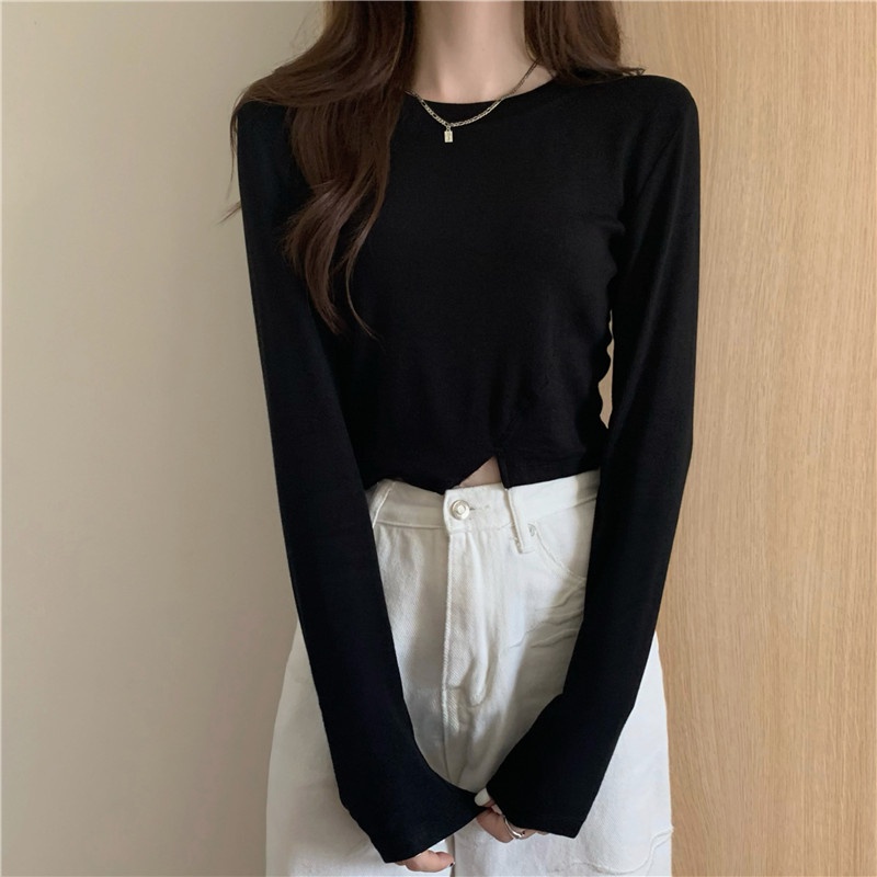 IELGY    Áo Thun Tay Dài Dáng Ngắn Lệch Tà Thời Trang Cho Nữ