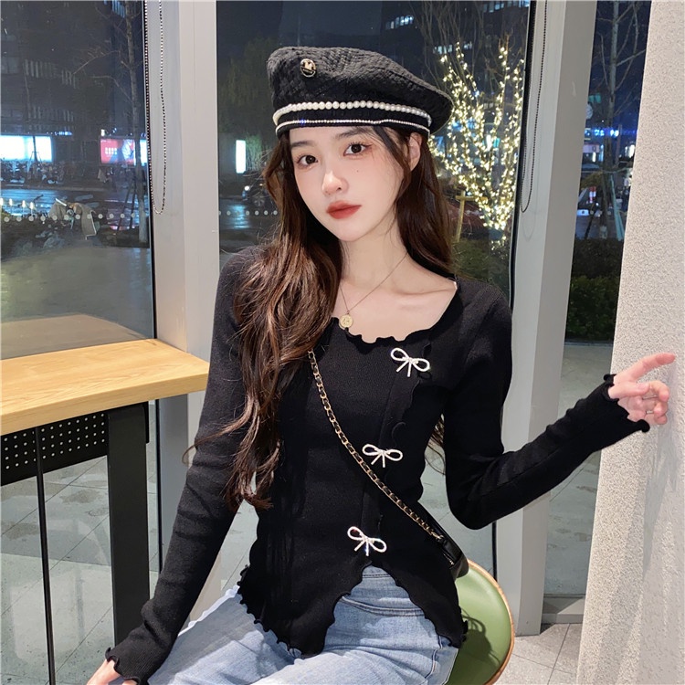 Áo dệt kim QKOOLE tay dài dáng ôm cổ chữ V đơn giản phong cách Hàn Quốc dành cho nữ