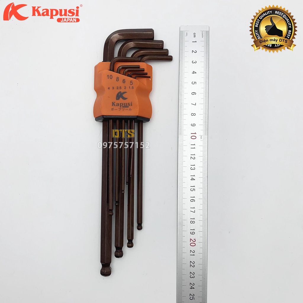 Bộ lục giác bi, bộ hoa thị đầu bông mai có lỗ thép nâu S2 dài Nhật Kapusi JAPAN 9 chi tiết tay chữ L tối ưu, siêu bền bỉ