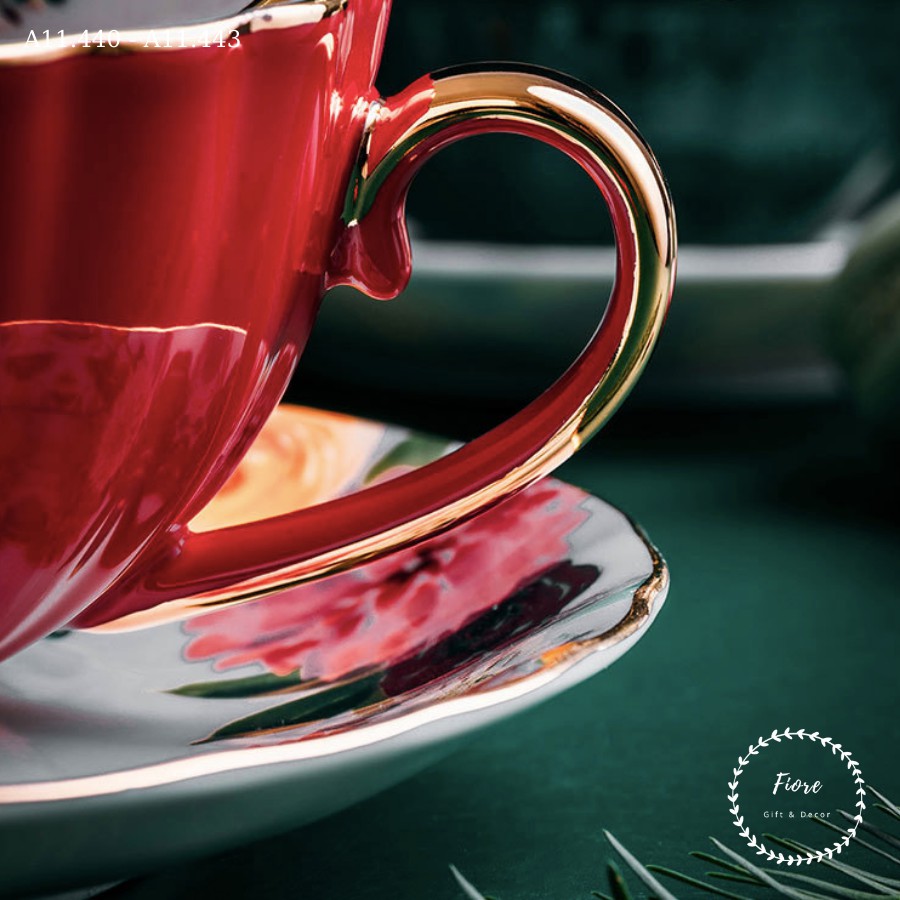 Tách trà - tách trà chiều sứ xương kiểu Anh viền vàng có hoa bên trong kèm đĩa cao cấp nhiều màu