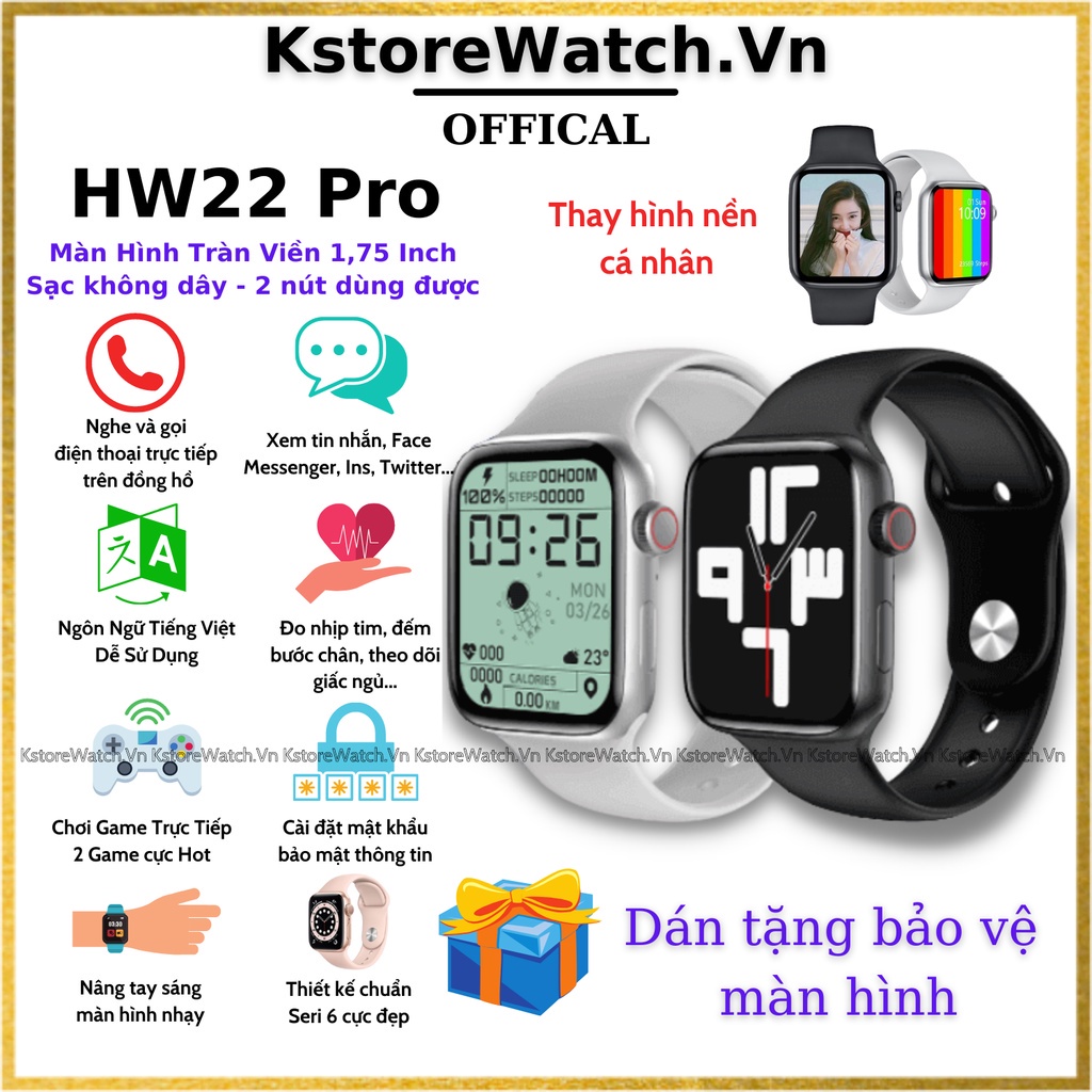 Đồng hồ thông minh Hw22 Smart Watch Gọi điện 2 chiều, Full Tiếng Việt, đo nhịp tim, mọi chức năng bản chuẩn