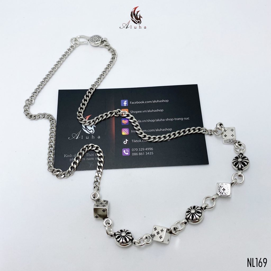 Dây chuyền đồng trắng không rỉ Chrome Heart khắc nổi hoa Iris, xúc xắc biểu tượng CH - NL169 - Aluha