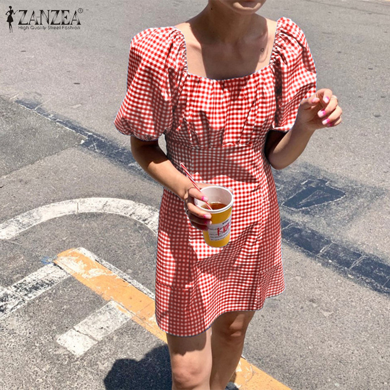 ZANZEA Women Off Shouder Plaid Elastic Cuff Square Collar Casual Mini Dress