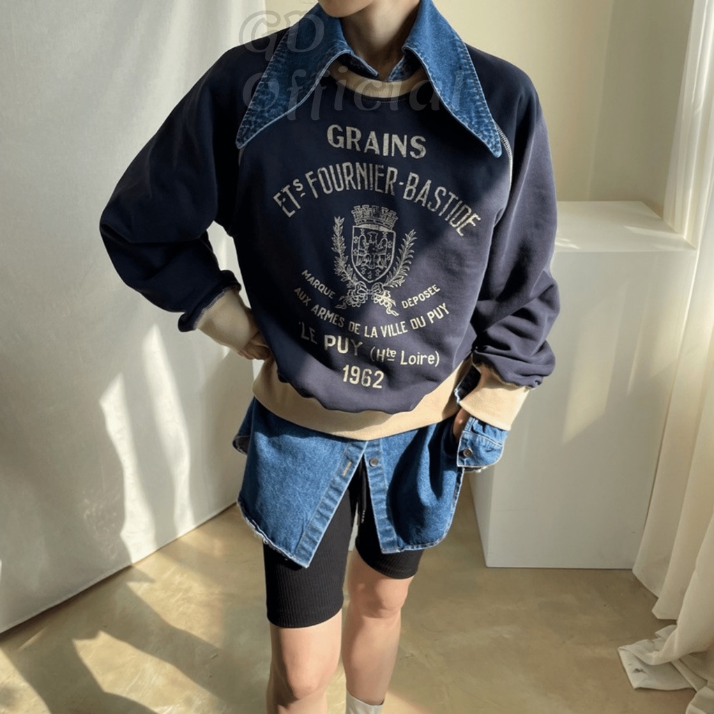 A24|Áo sơ mi denim Hàn quốc cho nữ retro cá tính hai túi lớn dáng rộng màu xanh GD Official