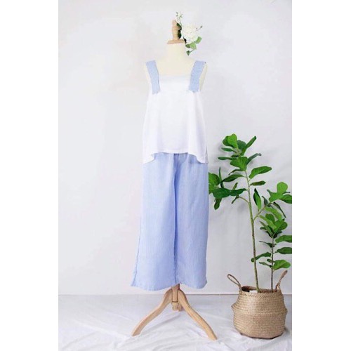 Đồ mặc nhà dây 5cm lụa phối kate sọc xanh nhỏ mềm mịn xinh xắn - Sala Homewear