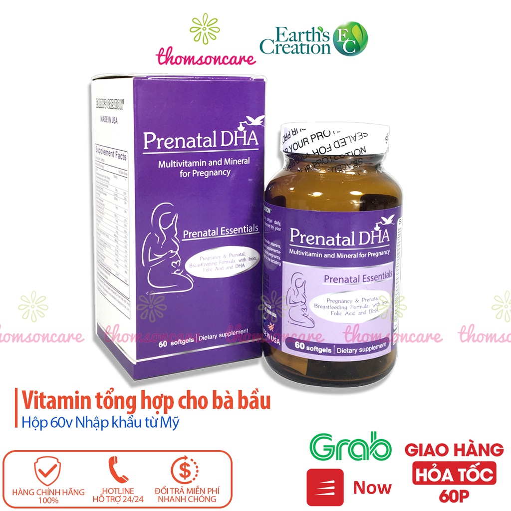 Prenatal DHA - vitamin tổng hợp cho bà bầu Earth Creation từ Mỹ chứa Omega, DHA, sắt, canxi, acid folic cho mẹ bầu