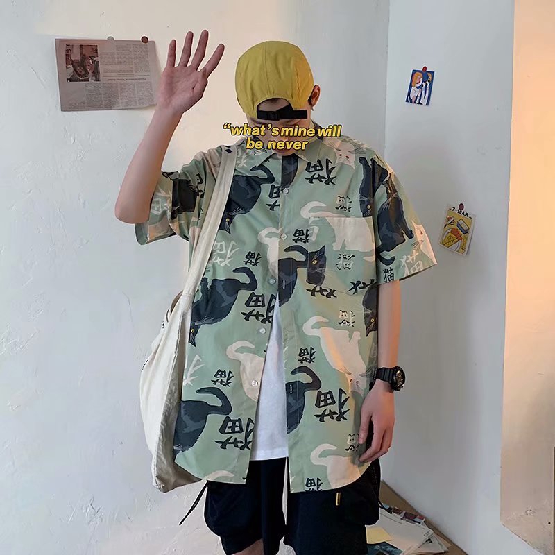 Real shot spot summer urban trend all-match loose casual fashion personality printing design casual short-sleeved shirt