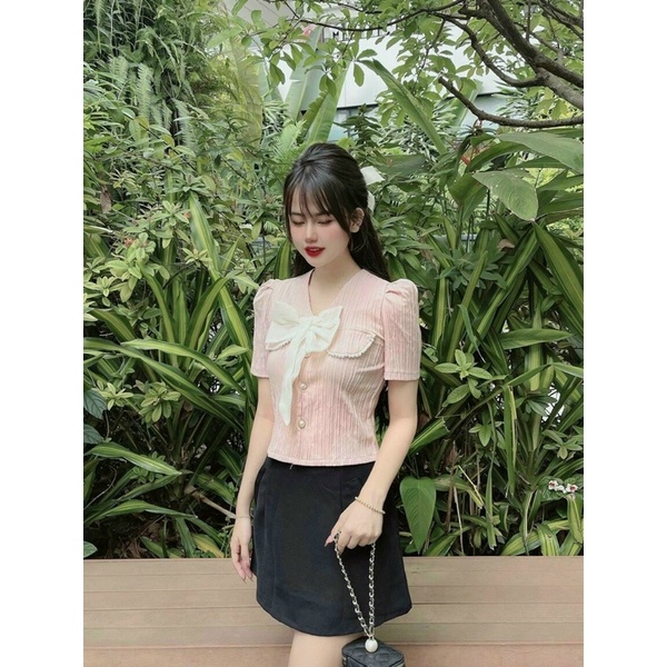 Áo sơ mi nữ cột nơ cộc tay