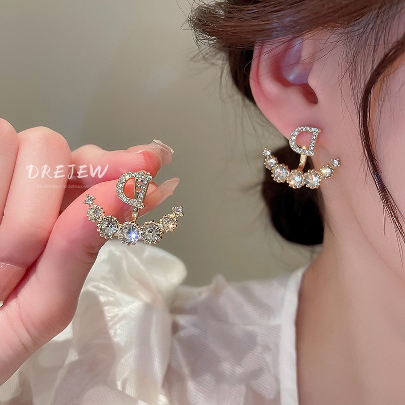 DREJEW Khuyên tai mạ bạc đính kim cương chữ phong cách Hàn Quốc thời trang cao cấp