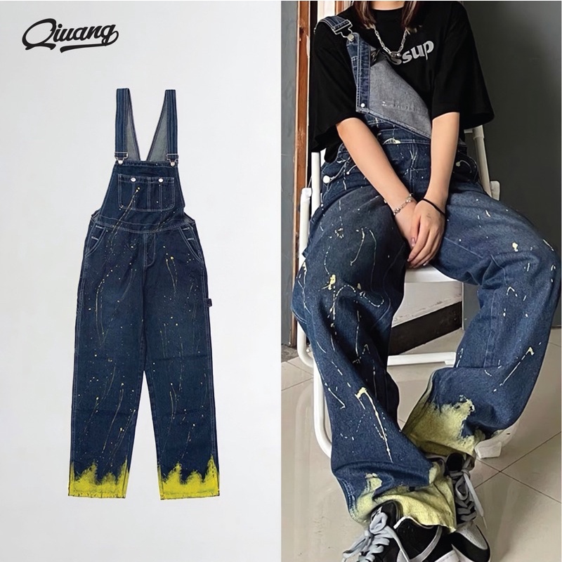 Quần Yếm Jean Nữ Denim Ống Suông Dáng Rộng Thiết Kế Vẩy Sơn Phong Cách Cá Tính