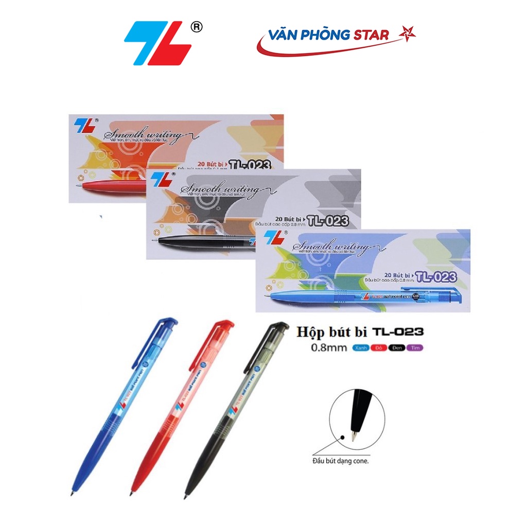 1 Hộp Bút bi TL-023 xanh số lượng 20 chiếc chính hãng Thiên Long tại Vanphongstar. Đầu bút 0.8mm viết được 1.200-1.500m