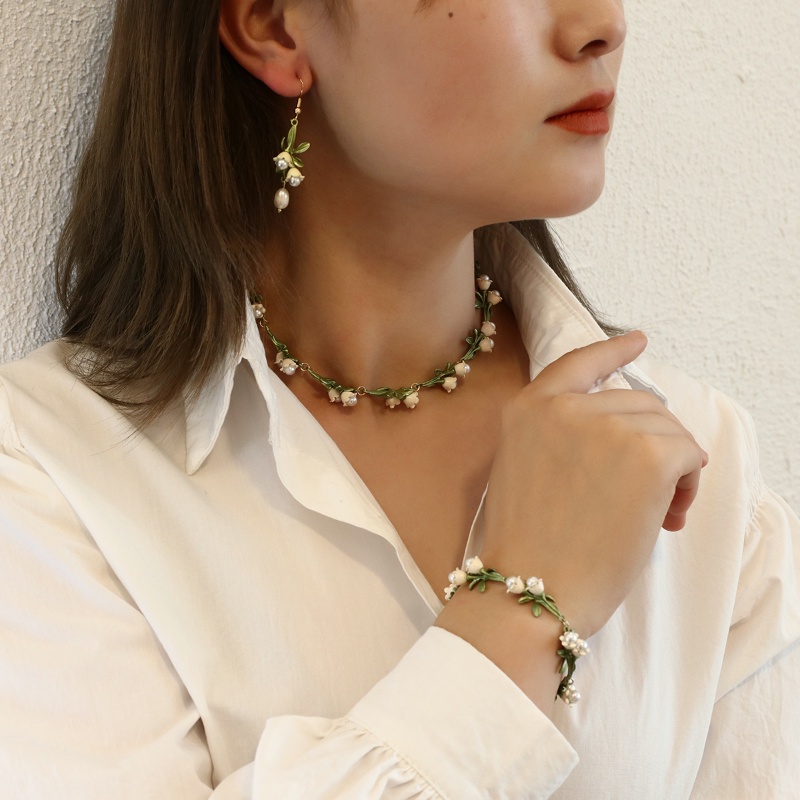 Bộ Trang Sức Vòng cổ / Vòng Tay / Bông Tai Hình Hoa Lily Trắng Đính Ngọc Trai Cỡ Nhỏ Kiểu Hàn Quốc Thanh Lịch