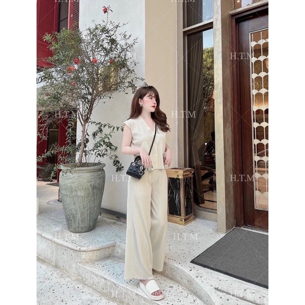 Set Len Mongtoghi Cao Cấp, Set Áo Len Sát Nách Phối Quần Ống Suông Quảng Châu