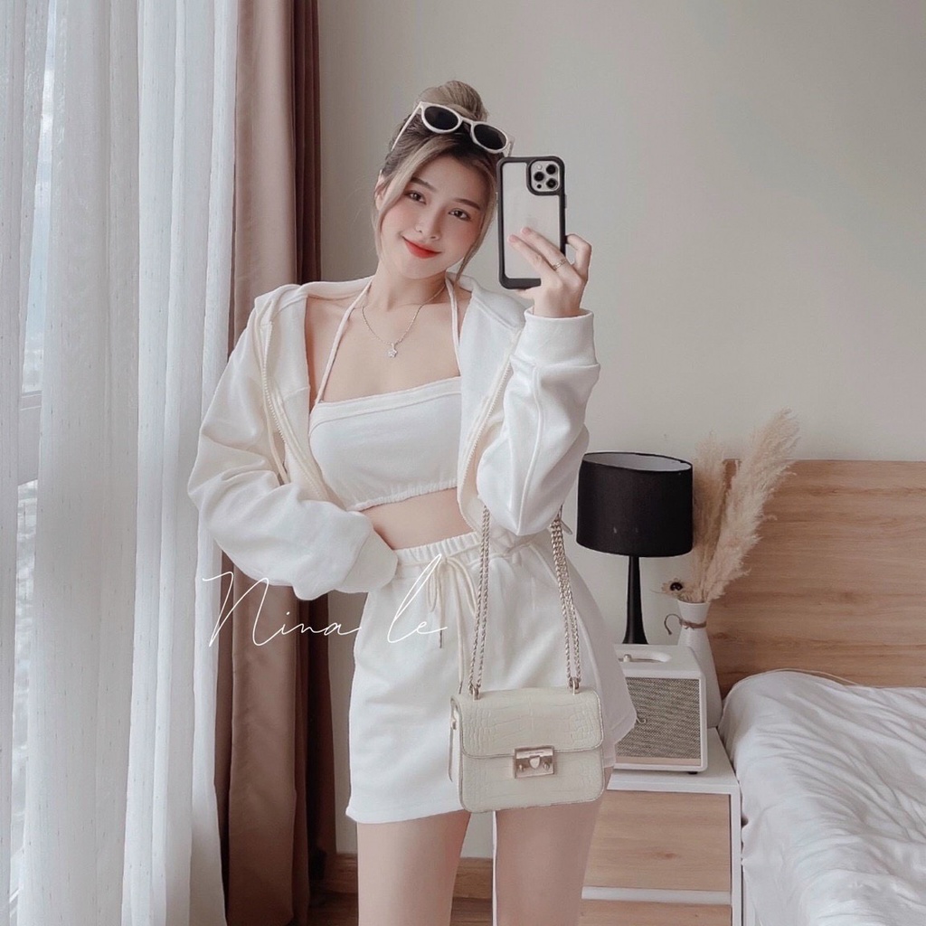 Set 3 món áo dây đeo cổ yếm croptop hở vai lưng eo bụng rốn sexy ôm khoác tay dài có nón mũ quần short ngắn cao thể thao