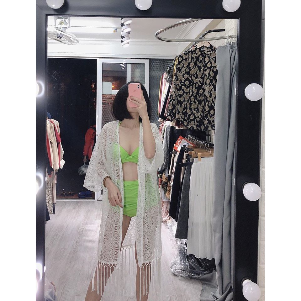 Áo choàng Bikini, áo choàng đi biển dáng dài ren hoa trắng mẫu mới cực xinh (Ảnh khách)
