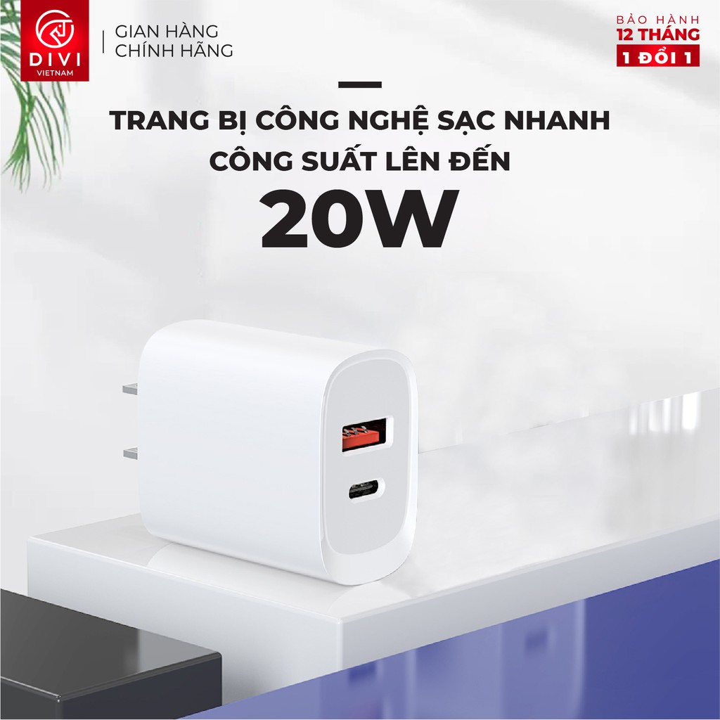 Củ sạc nhanh DIVI QH42 - Sạc nhanh PD - Công suất 20W - 2 Cổng USB - Type C - Hàng chính hãng Bảo hành 12 tháng 1 đổi 1