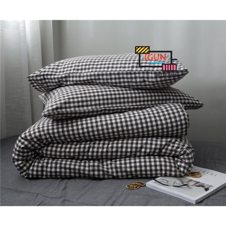 Bộ Chăn Ga Gối Cotton Poly set 4 món nhập khẩu CARO MUJI XÁM ĐEN