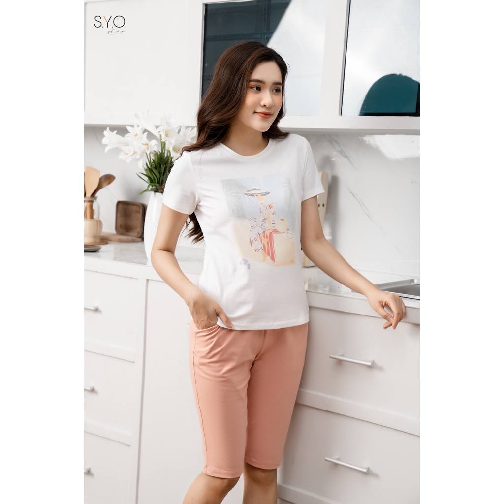 BỘ ÁO CỘC QUẦN LỬNG COTTON MÀU HỒNG CAM IN HÌNH CÔ GÁI HỒNG CAM S1006-H