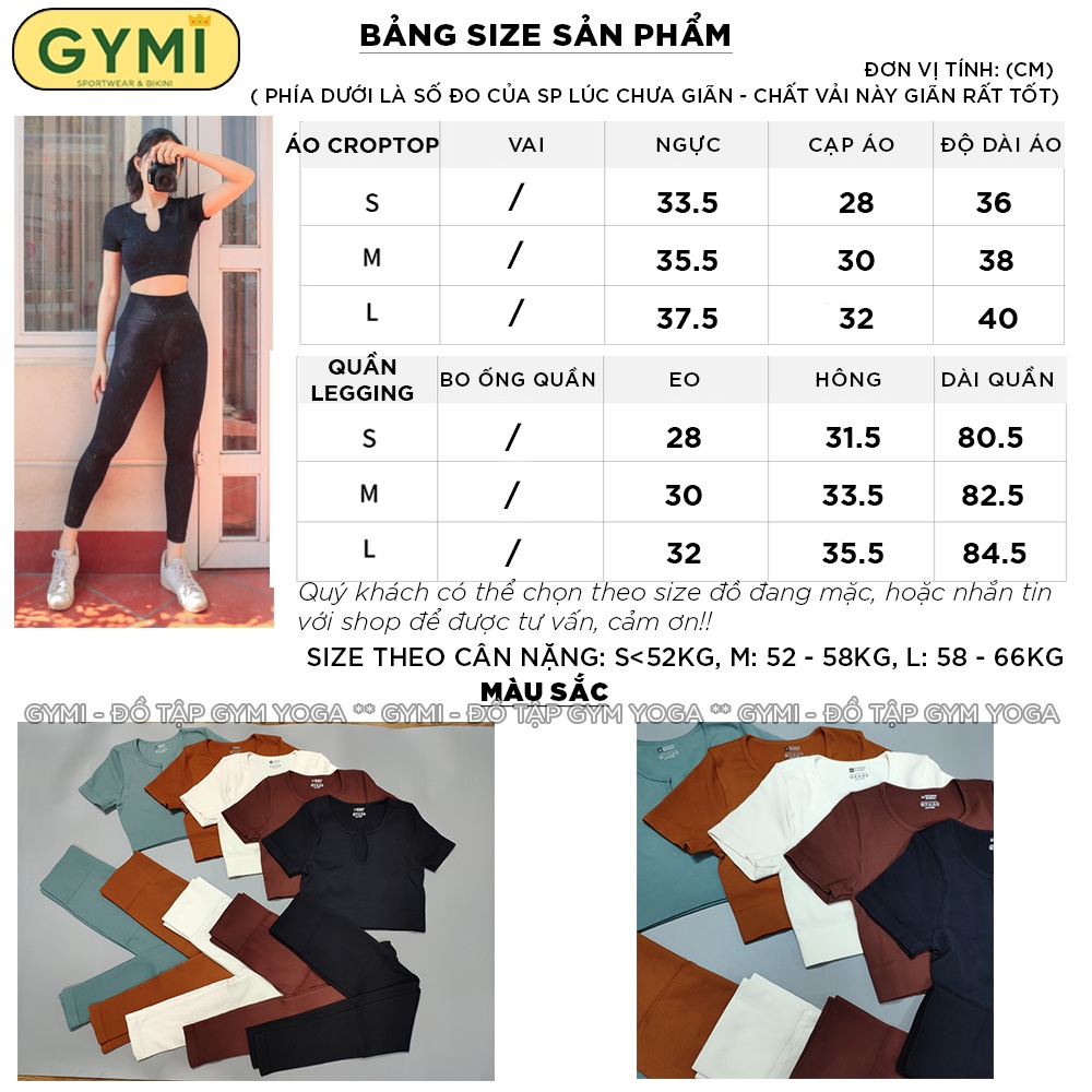 Set bộ đồ tập gym yoga nữ GYMI SET15 gồm áo croptop ngắn tay và quần legging dài thể thao chất dệt thun gân cao cấp