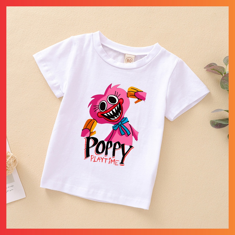 Áo thun họa tiết Poppy Playtime Huggy Wuggy màu trắngcá tính cho bé trai bé gái
