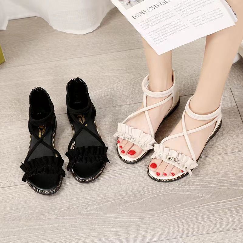 Sandal nữ đi học đế bệt quai nhúng, Xăng đan nữ phong cách harajuku dây chéo móc khóa dễ thương