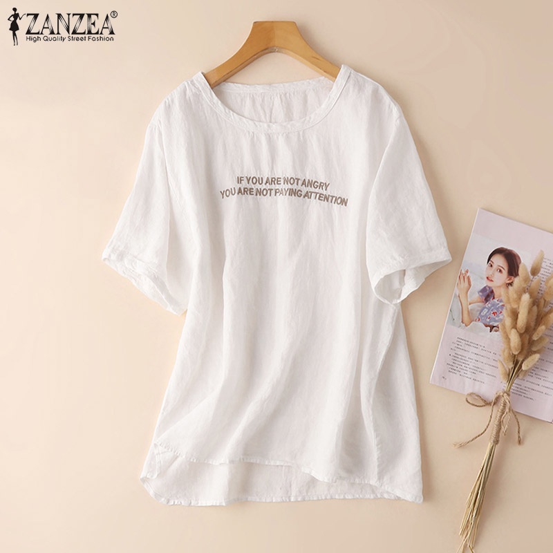 Áo thun Zanzea tay ngắn cổ tròn thêu chữ đơn giản thời trang cho nữ
